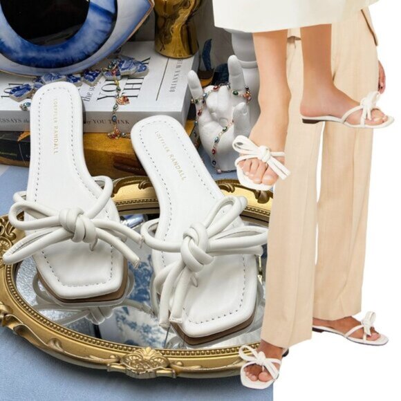🆕 LOEFFLER RANDALL 🧿 NWOB Hadley Leather Bow Flat Sandals, White - Sz 6 B - Picture 1 of 14